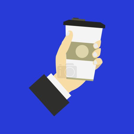 Illustration for Close-up view of male hand and cup of coffee on blue background - Royalty Free Image