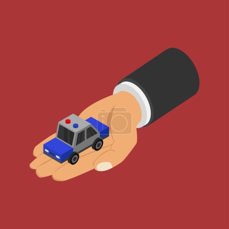 Ilustración de Vista de cerca de la mano masculina y el coche de policía sobre fondo rojo - Imagen libre de derechos