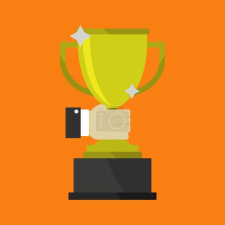Illustration for Close-up view of male hand and trophy on orange background - Royalty Free Image