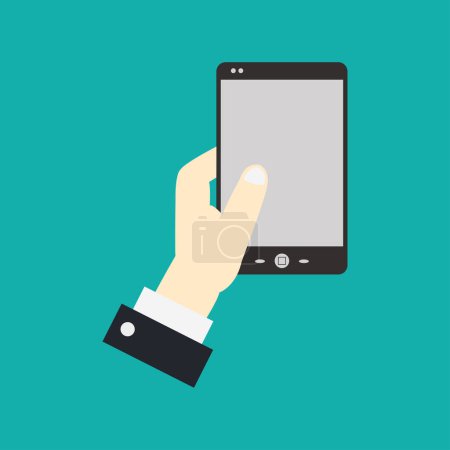 Illustration for Hand holding modern smartphone icon on green background - Royalty Free Image