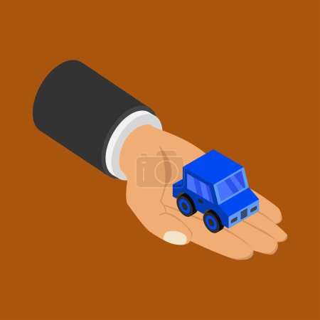 Illustration for Hand holding car icon on brown background - Royalty Free Image
