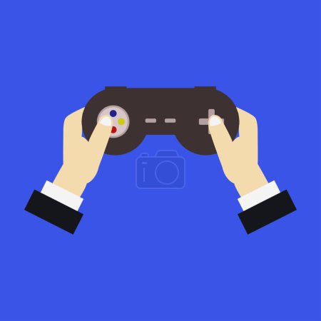 Ilustración de Vista de cerca de las manos masculinas y joystick sobre fondo azul - Imagen libre de derechos