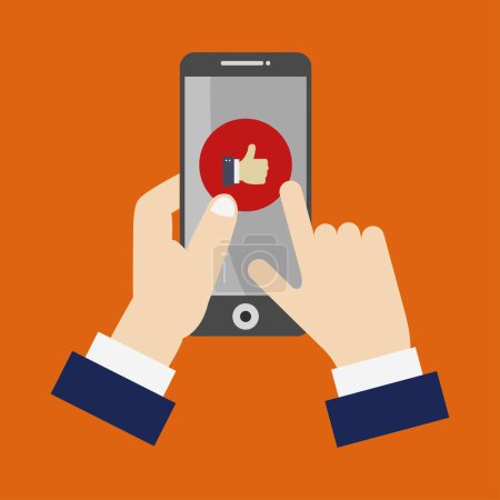 Téléchargez les illustrations : Mains tenant icône smartphone moderne sur fond orange - en licence libre de droit