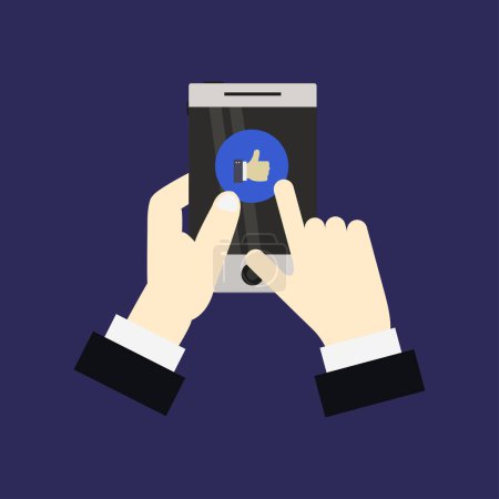 Téléchargez les illustrations : Mains tenant icône smartphone moderne sur fond sombre - en licence libre de droit