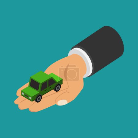 Téléchargez les illustrations : Main tenant icône de voiture sur fond vert - en licence libre de droit