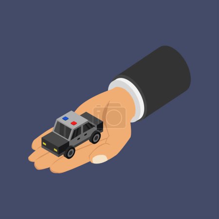 Téléchargez les illustrations : Vue rapprochée de la main masculine et de la voiture de police sur fond sombre - en licence libre de droit
