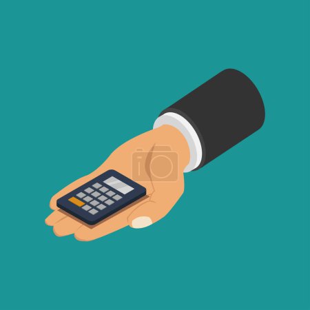 Illustration for Hand with calculator icon on green background - Royalty Free Image