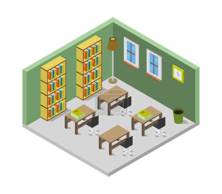 Illustration for Library room interior with many books, vector illustration - Royalty Free Image