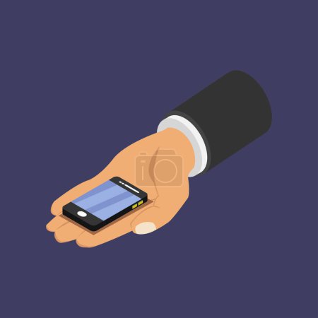 Illustration for Hand holding modern smartphone icon on dark background - Royalty Free Image
