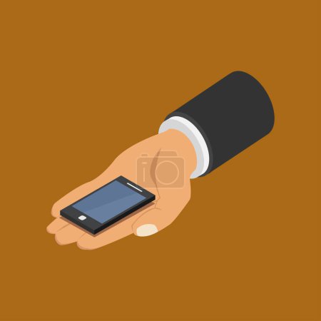 Illustration for Hand holding modern smartphone icon on brown background - Royalty Free Image
