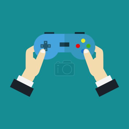 Illustration for Close-up view of male hands and joystick on turquoise background - Royalty Free Image