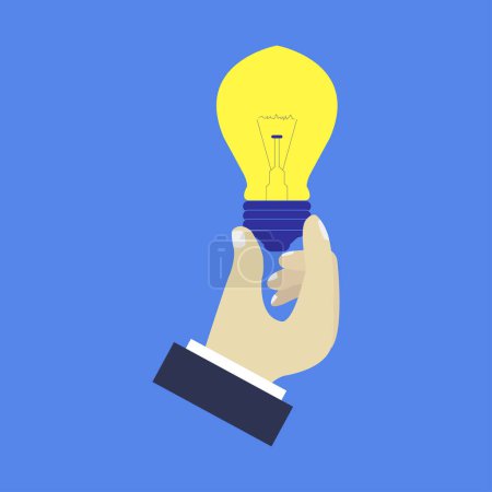 Illustration for Close-up view of male hand and light bulb on blue background - Royalty Free Image