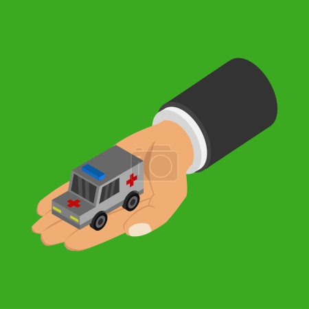 Téléchargez les illustrations : Main tenant l'icône ambulance sur fond vert - en licence libre de droit