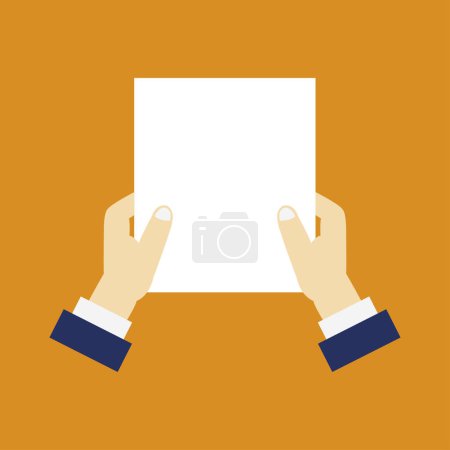 Ilustración de Vista de cerca de manos masculinas y papel en blanco sobre fondo de color - Imagen libre de derechos