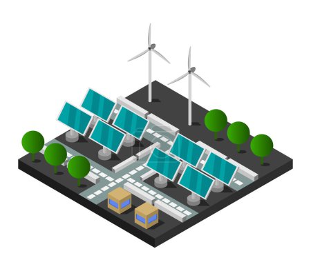 Ilustración de Paneles solares modernos y molinos de viento sobre fondo blanco, concepto de ecología - Imagen libre de derechos