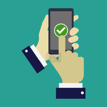 Illustration for Hands holding modern smartphone icon on green background - Royalty Free Image