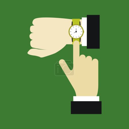 Téléchargez les illustrations : Vue rapprochée des mains masculines et de la montre-bracelet sur fond vert - en licence libre de droit