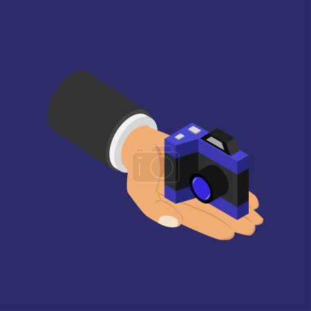 Illustration for Hand holding camera icon on blue background - Royalty Free Image