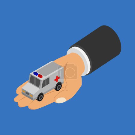 Téléchargez les illustrations : Main tenant l'icône ambulance sur fond bleu - en licence libre de droit