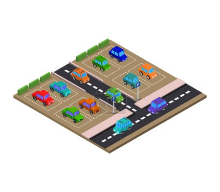 Illustration for A parking lot with cars and trucks parked - Royalty Free Image