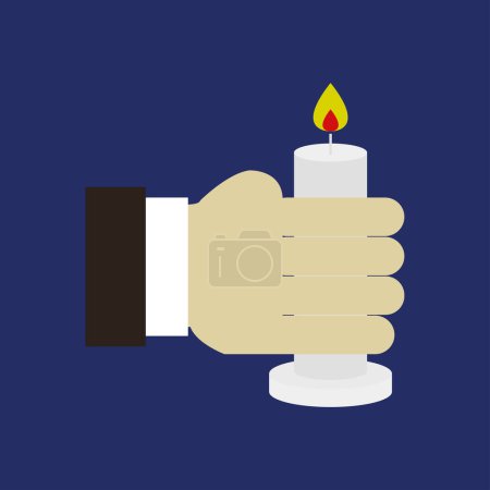 Illustration for Close-up view of male hand and candle on dark blue background - Royalty Free Image