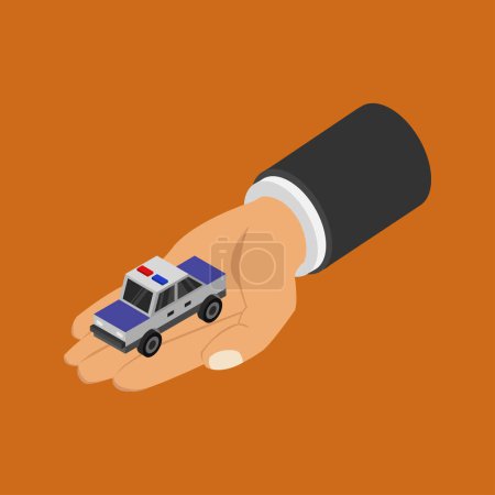 Ilustración de Vista de cerca de la mano masculina y el coche de policía sobre fondo naranja - Imagen libre de derechos