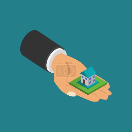 Illustration for Hand holding house modern icon on green background - Royalty Free Image