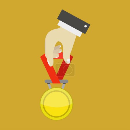 Illustration for Close-up view of male hand and medal on golden background - Royalty Free Image