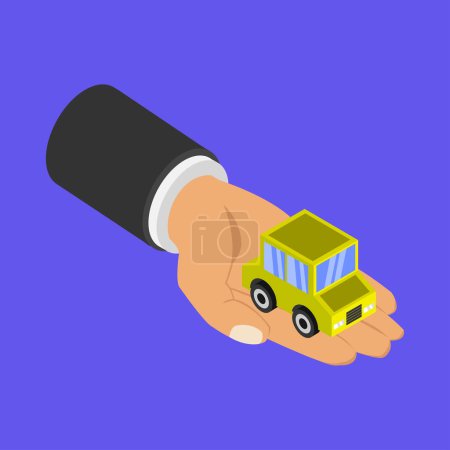 Téléchargez les illustrations : Main tenant icône de voiture sur fond bleu - en licence libre de droit