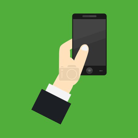 Illustration for Hand holding modern smartphone icon on green background - Royalty Free Image