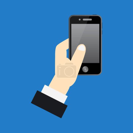 Ilustración de Mano celebración de icono de teléfono inteligente moderno sobre fondo azul - Imagen libre de derechos