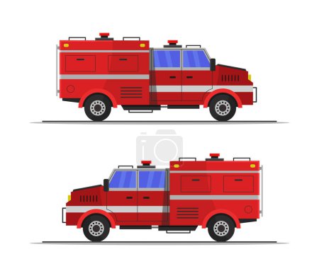 Téléchargez les illustrations : Un camion de pompiers rouge au toit bleu - en licence libre de droit