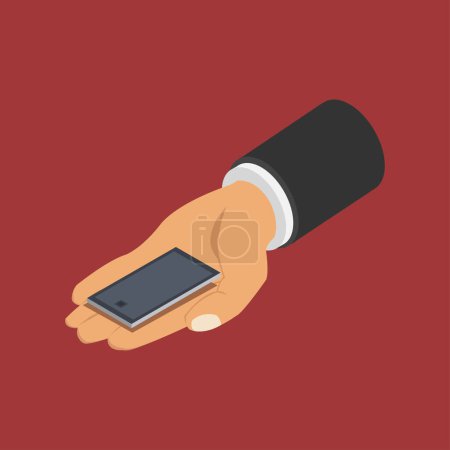 Téléchargez les illustrations : Main tenant icône smartphone moderne sur fond rouge - en licence libre de droit