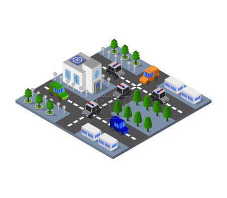 Téléchargez les illustrations : Une ville avec une voiture et un camion sur la route - en licence libre de droit