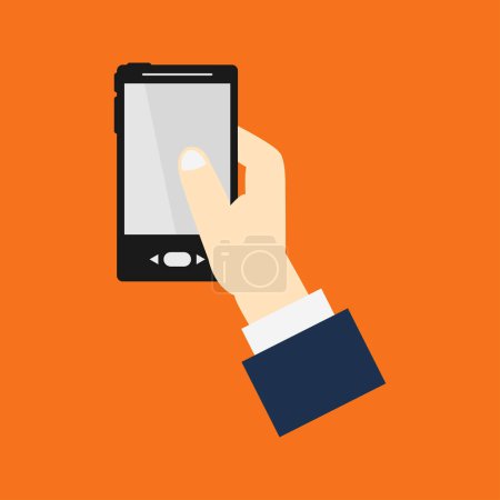 Illustration for Hand holding modern smartphone icon on orange background - Royalty Free Image