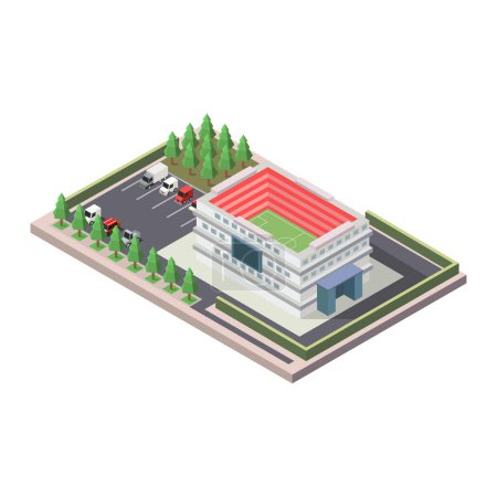 Ilustración de Un edificio con un campo de fútbol y un estacionamiento - Imagen libre de derechos