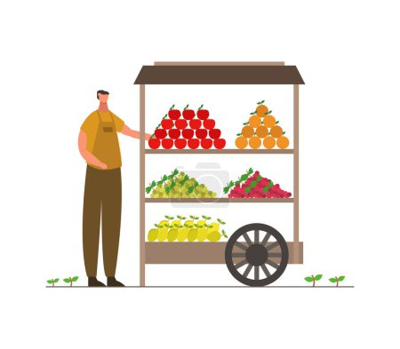 Téléchargez les illustrations : Un homme debout devant un stand de fruits - en licence libre de droit