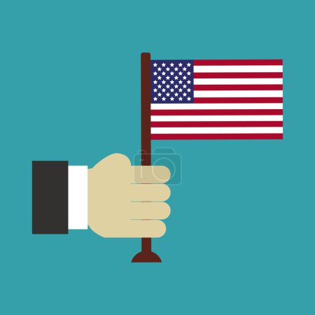 Téléchargez les illustrations : Vue rapprochée de la main masculine et du drapeau américain sur fond turquoise - en licence libre de droit