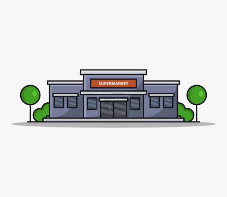 Téléchargez les illustrations : Un immeuble de supermarché avec un panneau qui dit supermarché - en licence libre de droit