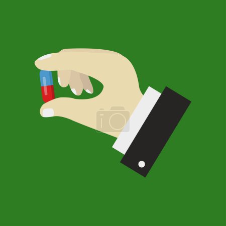 Illustration for Close-up view of male hand and pill on green background - Royalty Free Image
