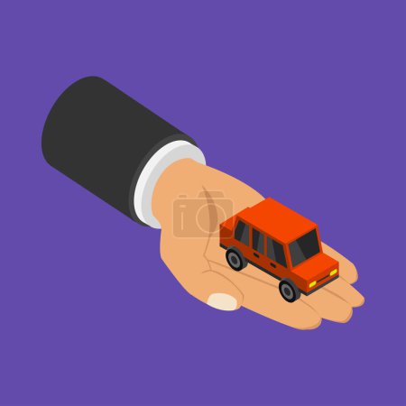 Illustration for Hand holding car icon on purple background - Royalty Free Image
