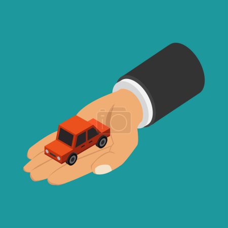 Illustration for Hand holding car icon on green background - Royalty Free Image