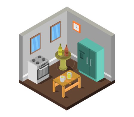 Ilustración de Cocina habitación estilo isométrico ilustración sobre fondo blanco - Imagen libre de derechos