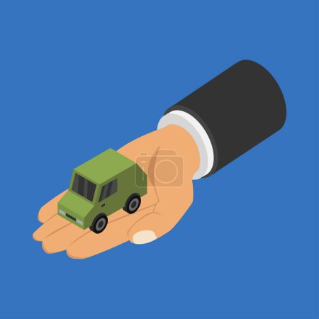 Illustration for Hand holding car icon on blue background - Royalty Free Image