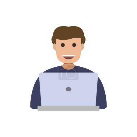 Téléchargez les illustrations : Jeune homme utilisant un ordinateur portable sur le lieu de travail sur fond blanc - en licence libre de droit