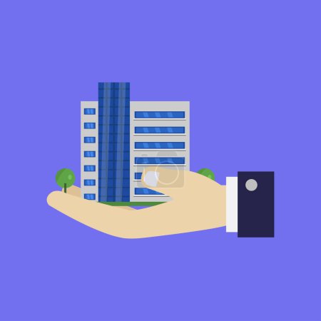Illustration for Close-up view of male hand and buildings on blue background - Royalty Free Image