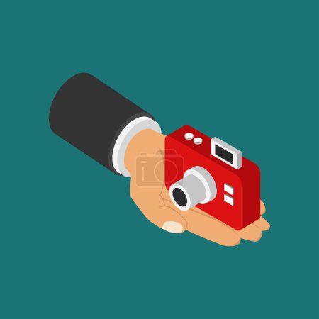 Illustration for Hand holding camera icon on green background - Royalty Free Image