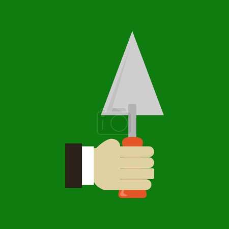 Illustration for Close-up view of male hand and trowel on green background - Royalty Free Image