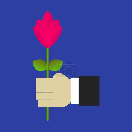 Téléchargez les illustrations : Vue rapprochée de la main masculine et de la fleur sur fond bleu foncé - en licence libre de droit