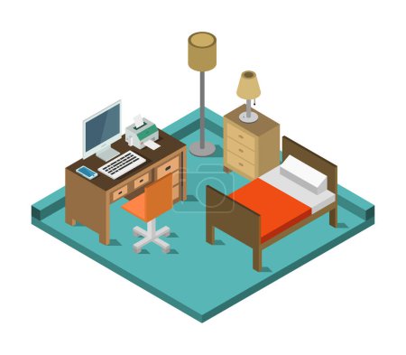 Illustration for Isometric interior of bedroom with bed, table and lamp. vector illustration. isolated on white background. - Royalty Free Image